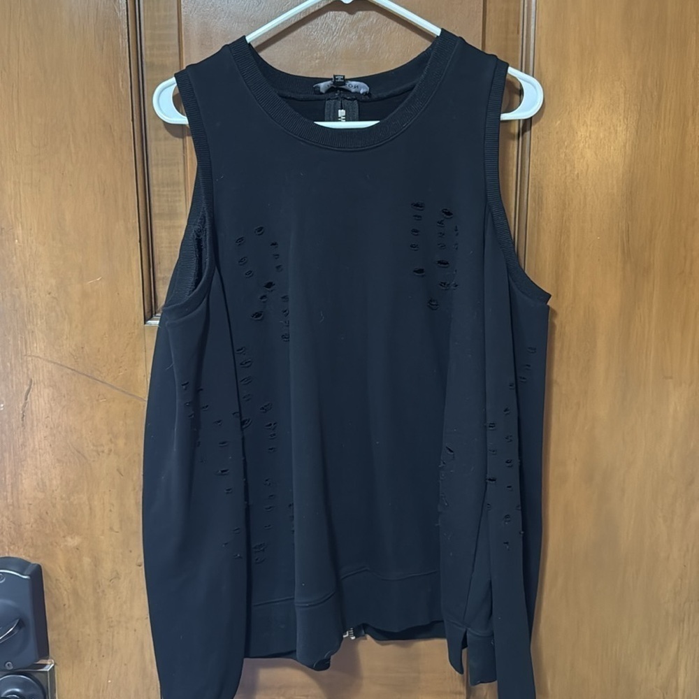 Jamison XL black cold shoulder distressed sweatshirt. Evereve.